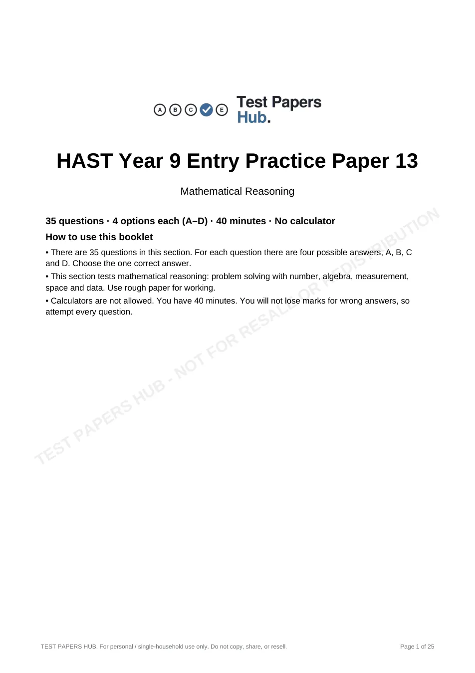 Cover page of HAST Year 9 Mathematical Reasoning Practice Paper 13