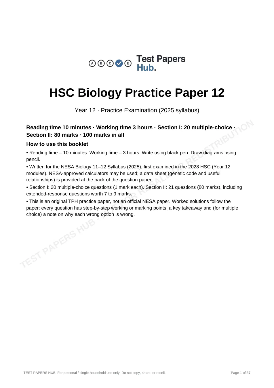 Cover page of HSC Biology Practice Paper 12