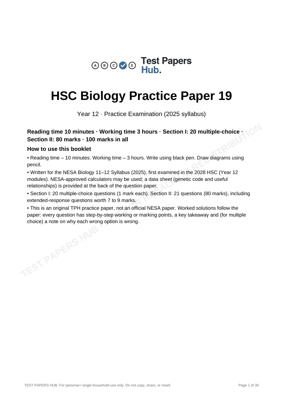 Cover page of HSC Biology Practice Paper 19