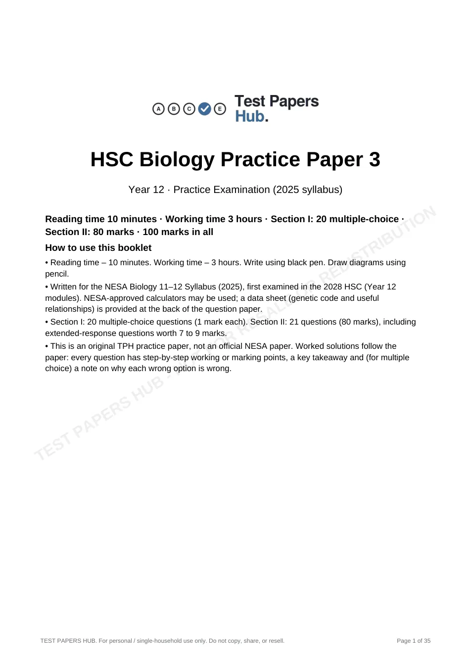 Cover page of HSC Biology Practice Paper 3