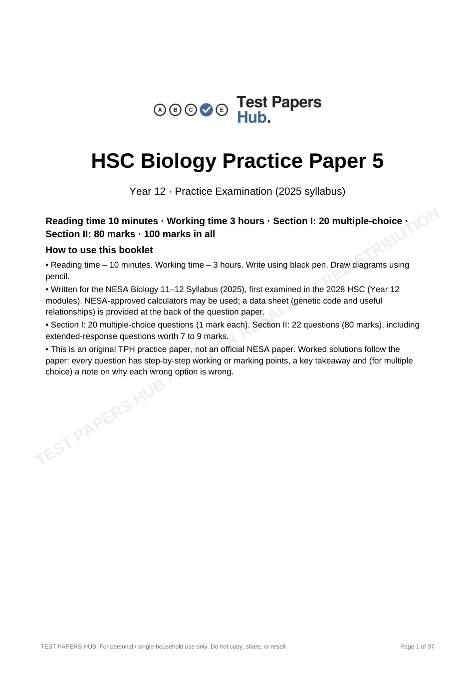 Cover page of HSC Biology Practice Paper 5
