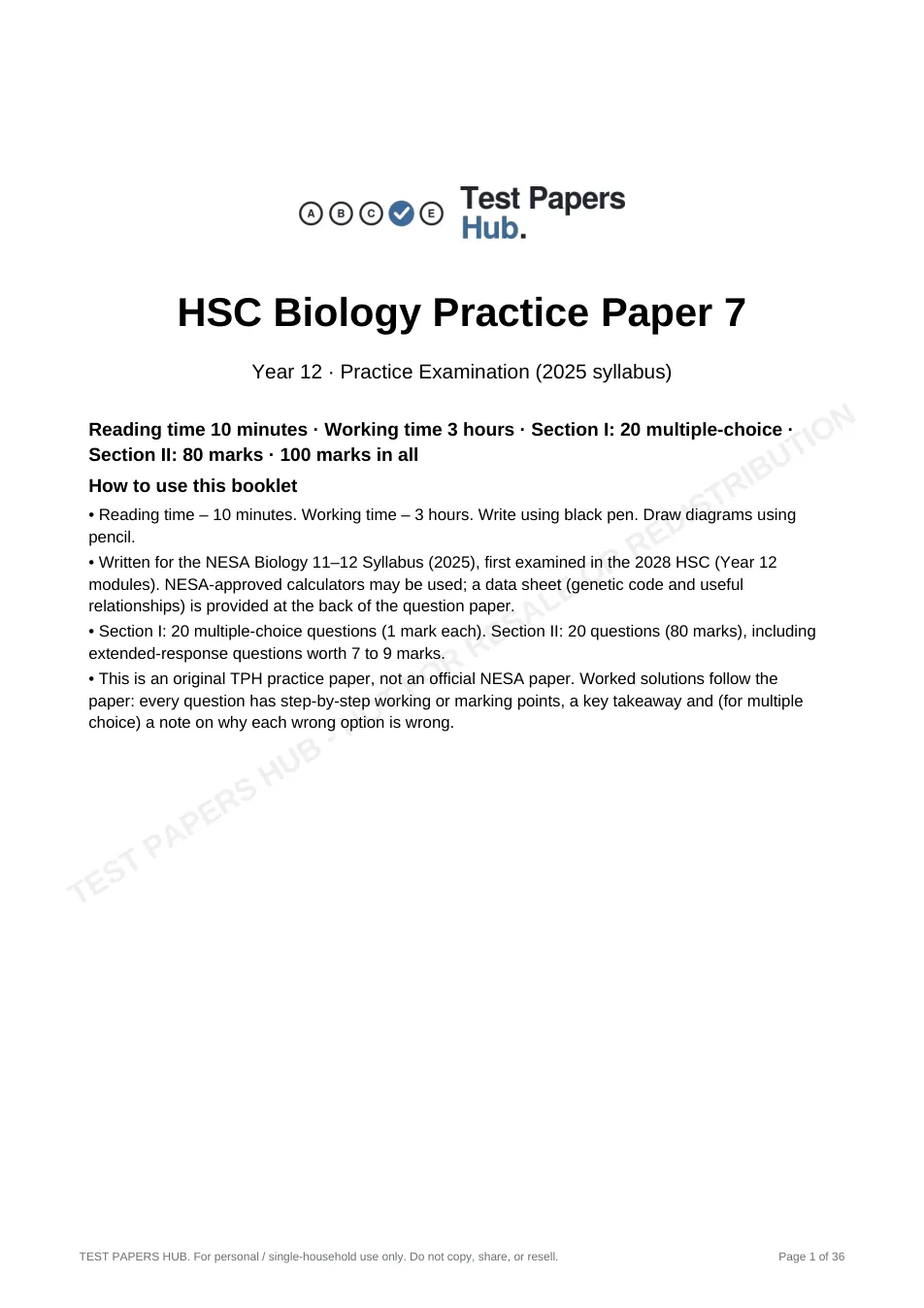 Cover page of HSC Biology Practice Paper 7
