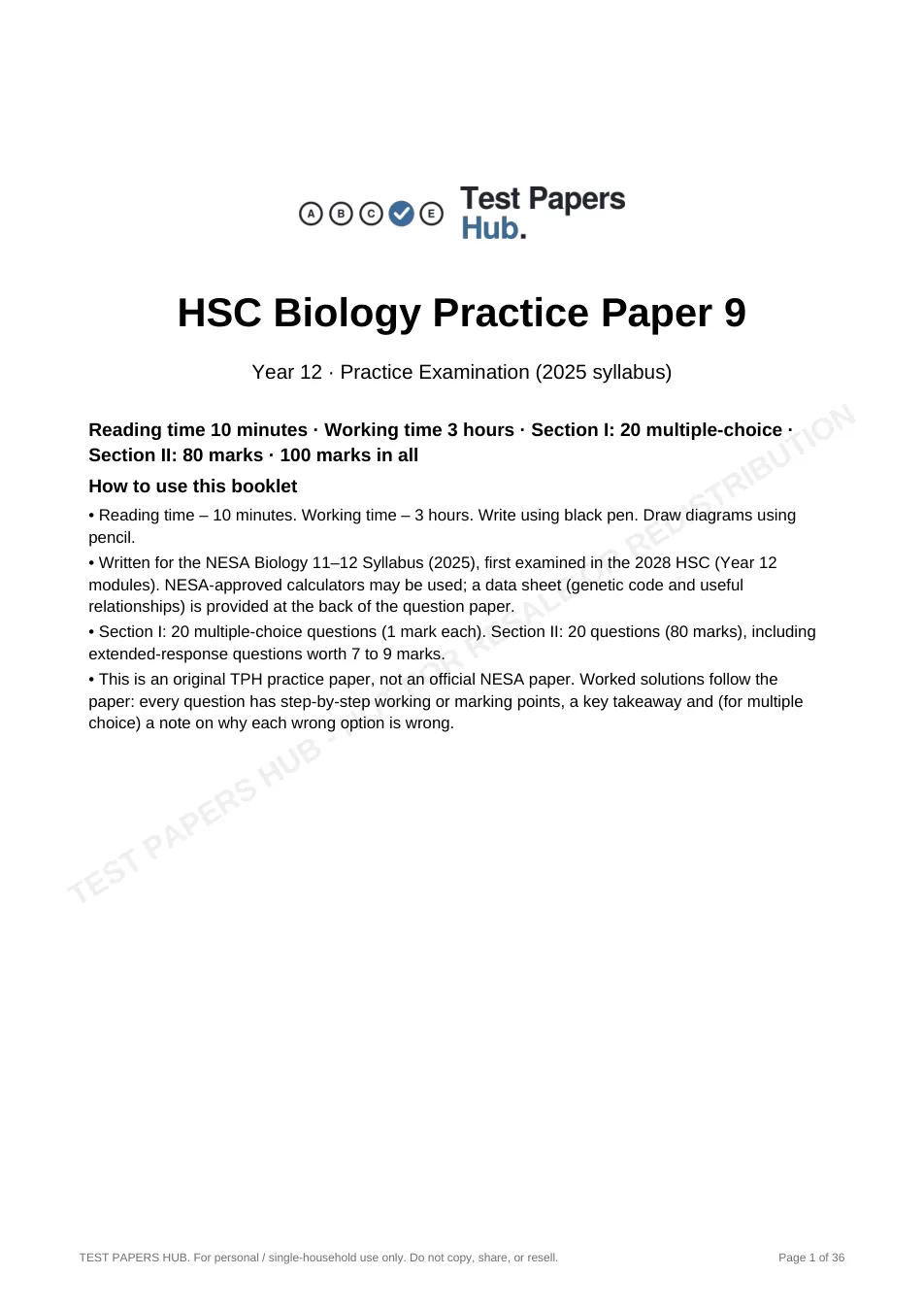 Cover page of HSC Biology Practice Paper 9