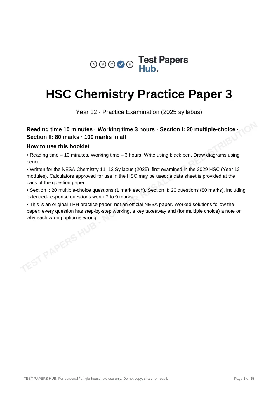 Cover page of HSC Chemistry Practice Paper 3