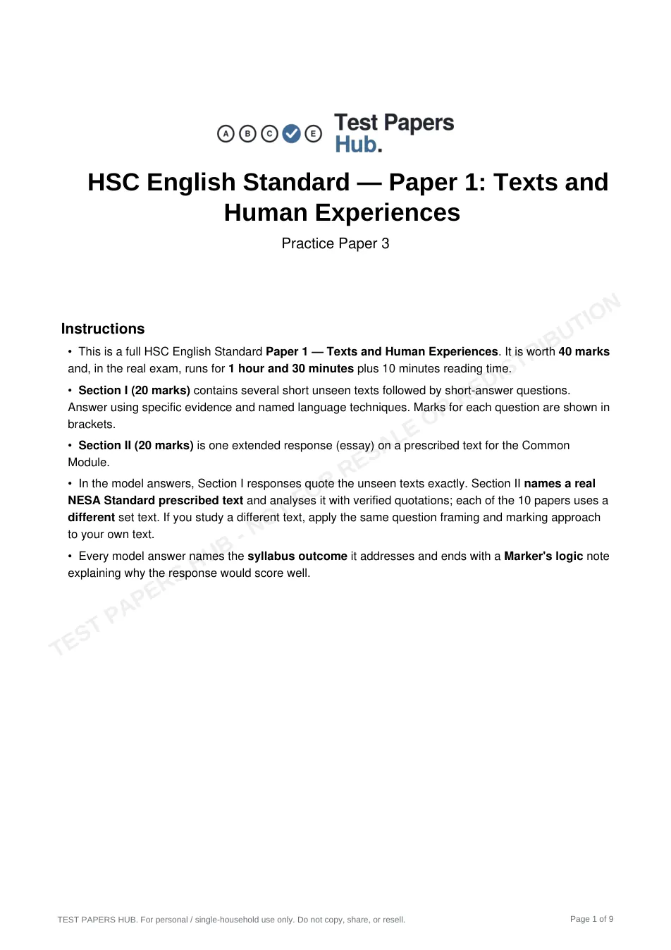 Cover page of HSC English Standard 1 Practice Paper 3