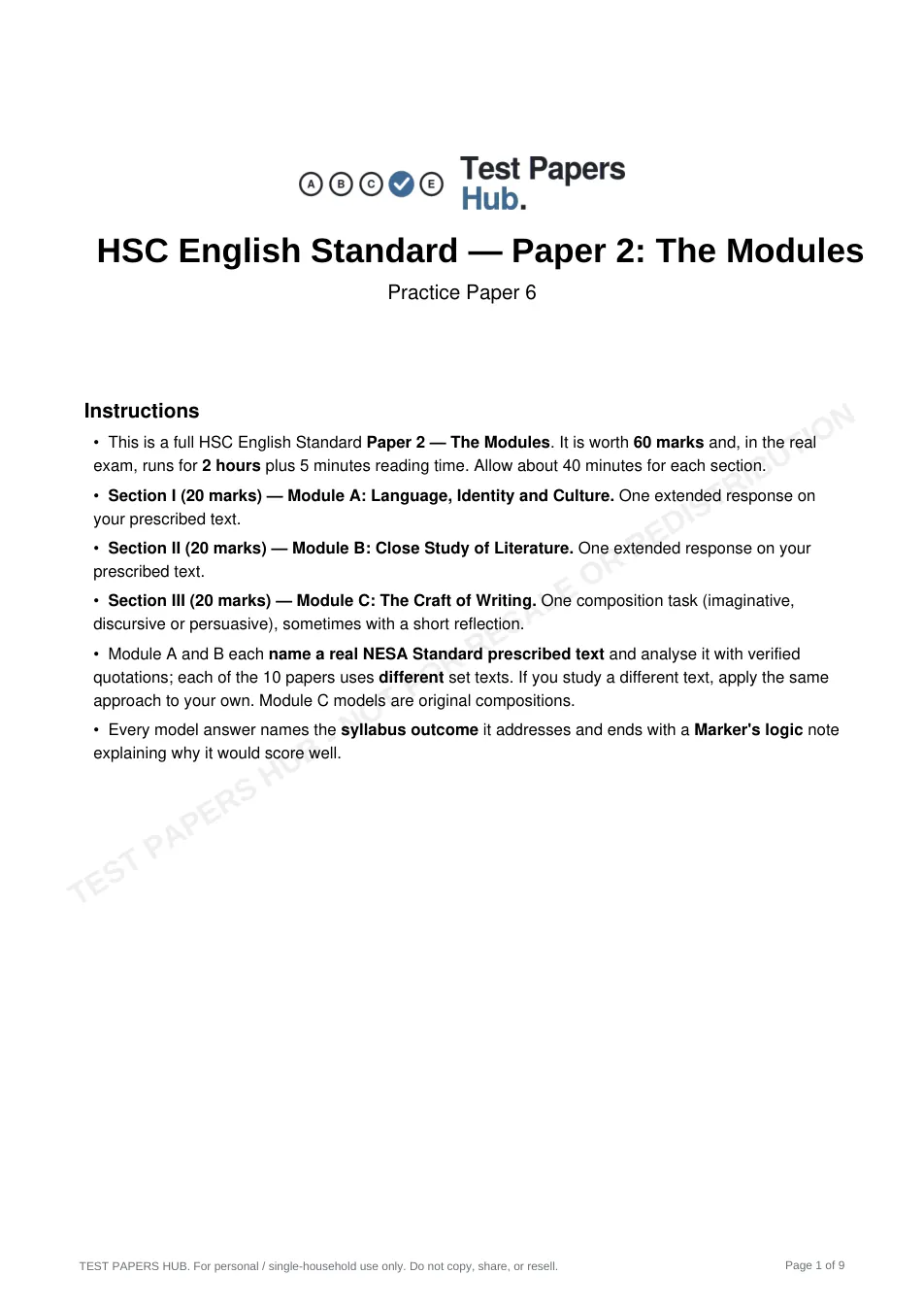 Cover page of HSC English Standard 2 Practice Paper 6