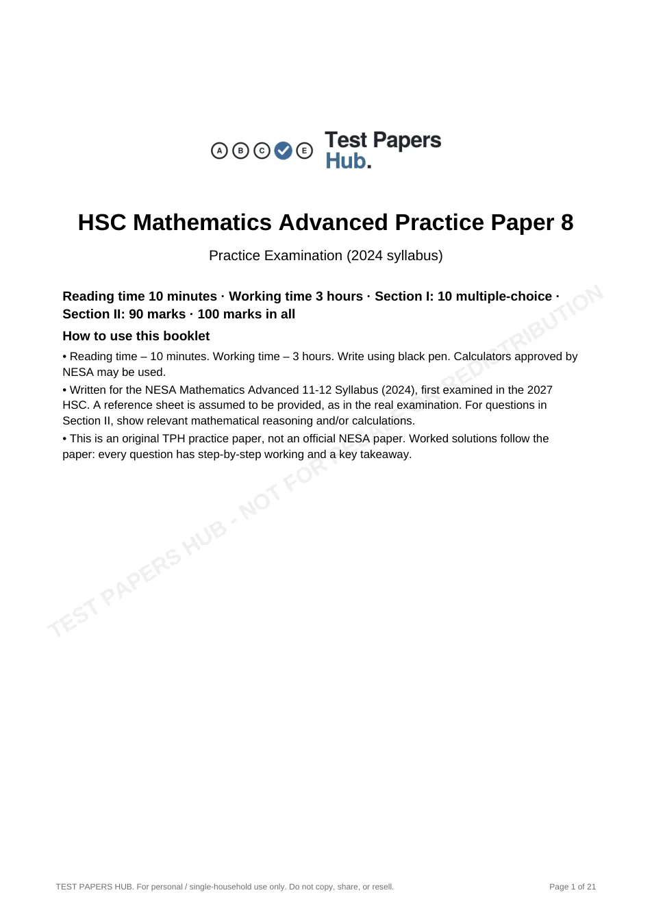 Cover page of HSC Maths Advanced Practice Paper 8
