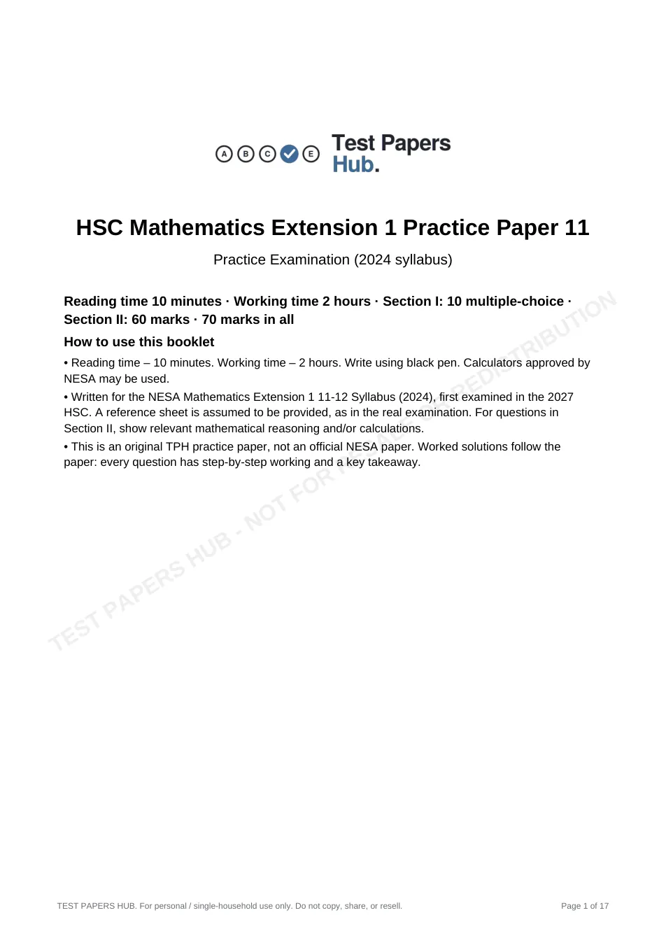 Cover page of HSC Maths Extension 1 Practice Paper 11
