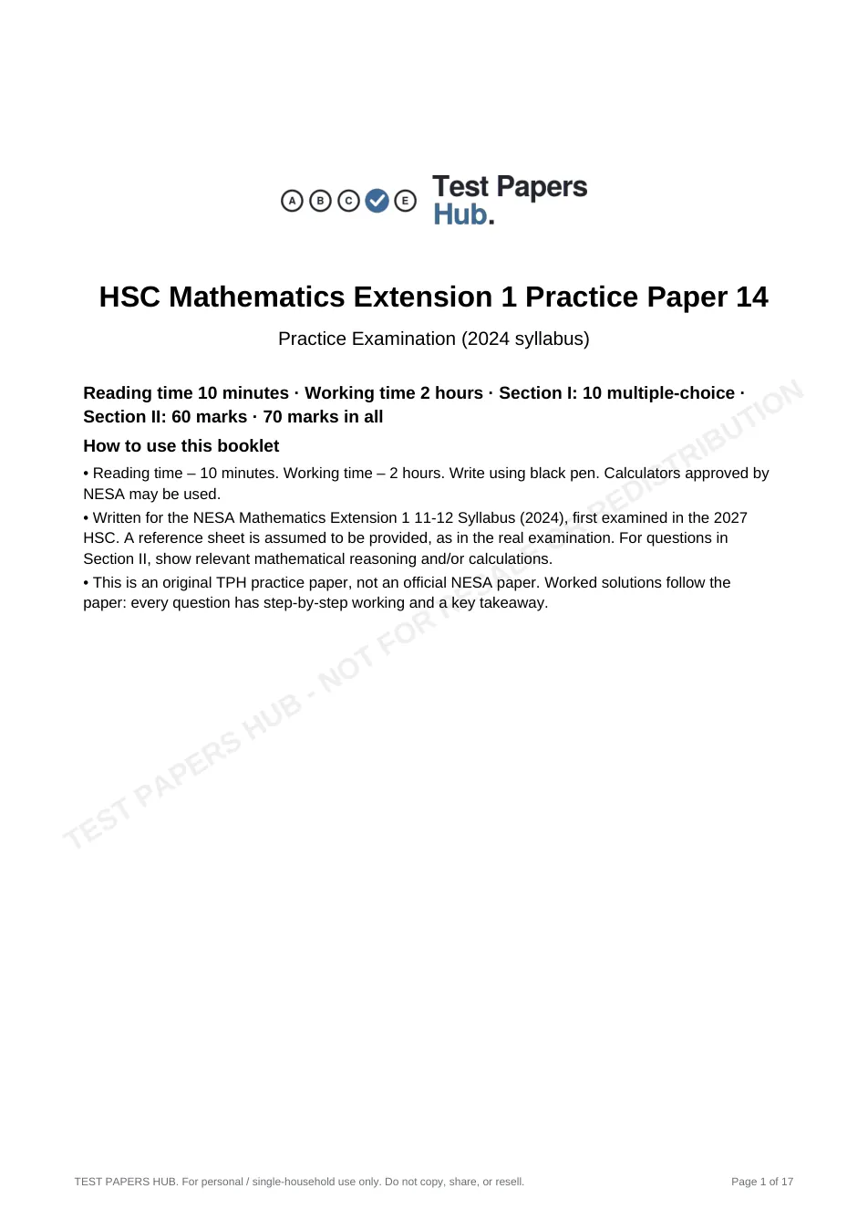 Cover page of HSC Maths Extension 1 Practice Paper 14