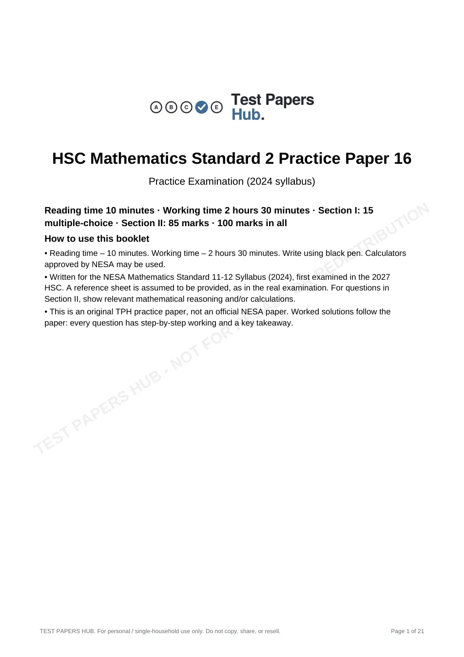 Cover page of HSC Maths Standard 2 Practice Paper 16