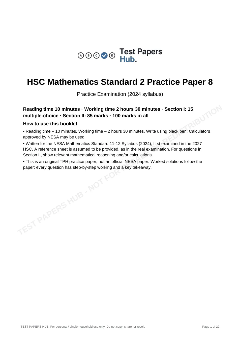 Cover page of HSC Maths Standard 2 Practice Paper 8