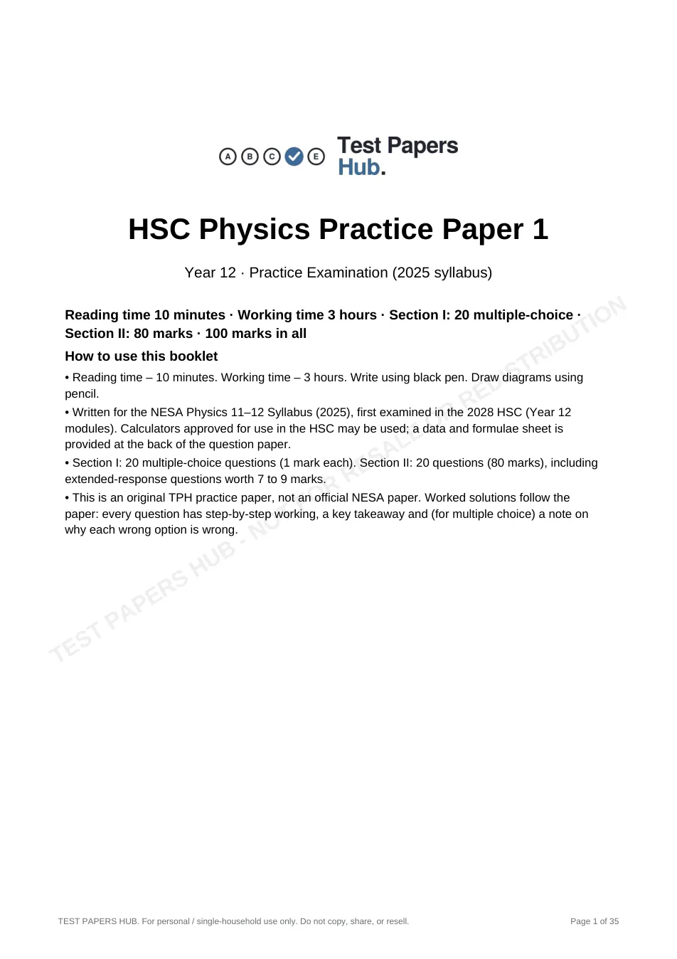 Cover page of HSC Physics Practice Paper 1