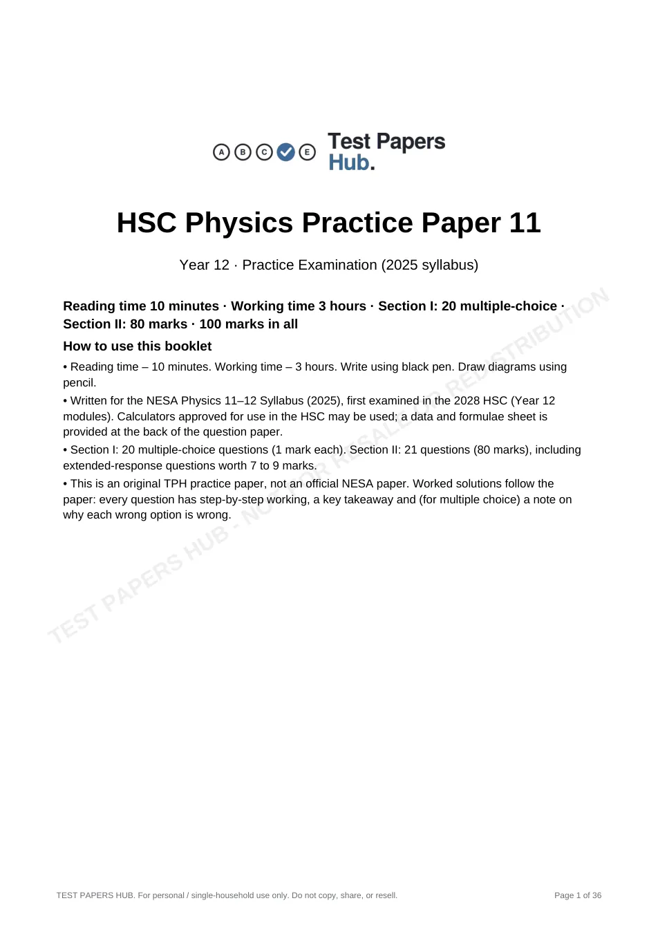 Cover page of HSC Physics Practice Paper 11