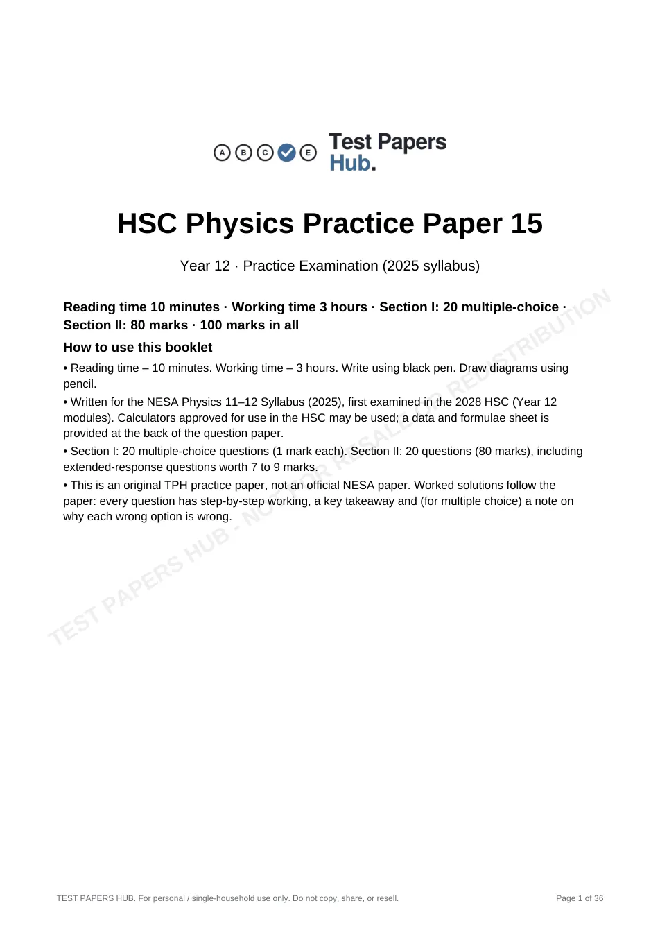 Cover page of HSC Physics Practice Paper 15