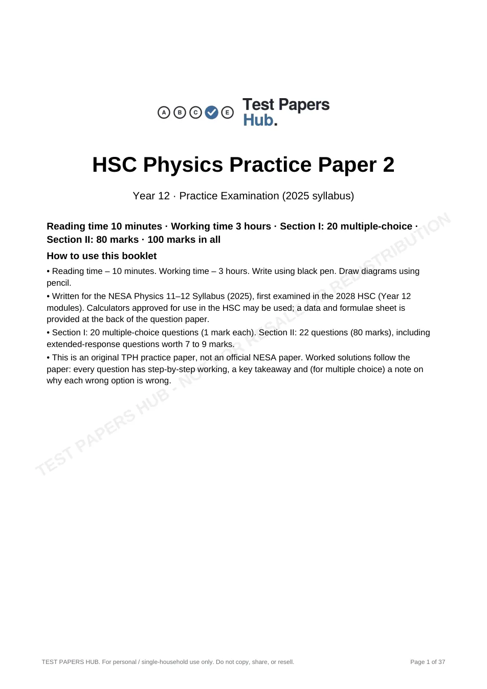 Cover page of HSC Physics Practice Paper 2