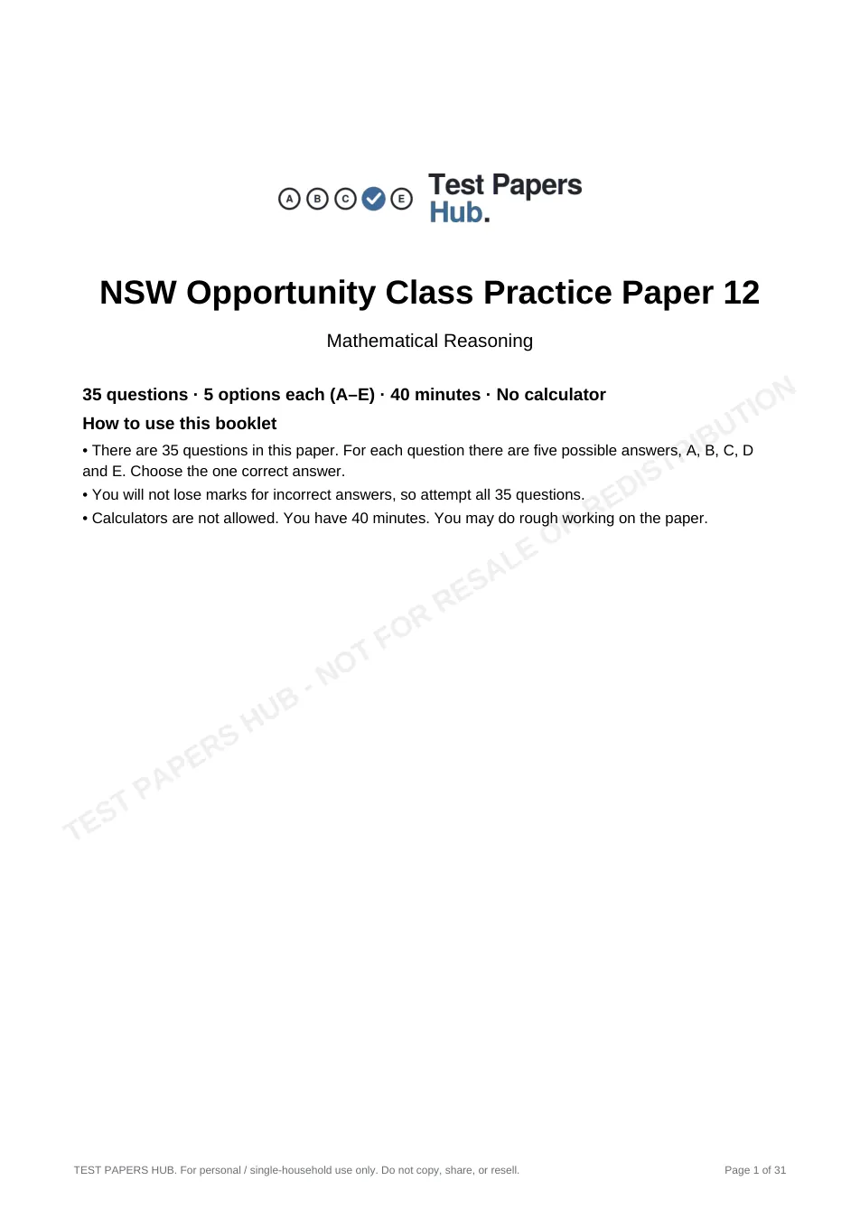 Cover page of NSW OC Mathematical Reasoning Practice Paper 12