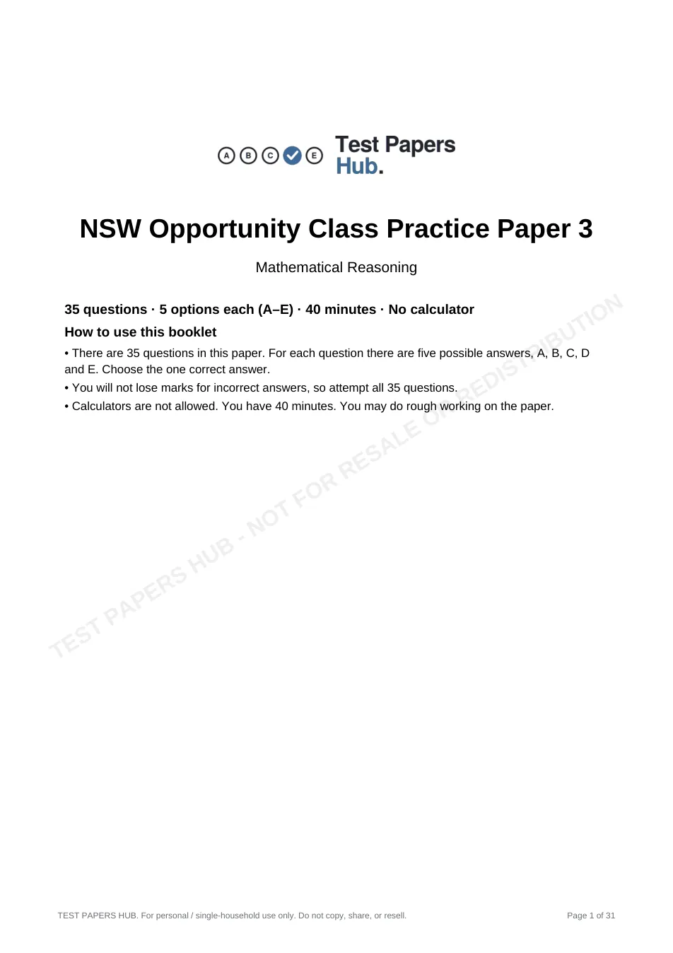 Cover page of NSW OC Mathematical Reasoning Practice Paper 3