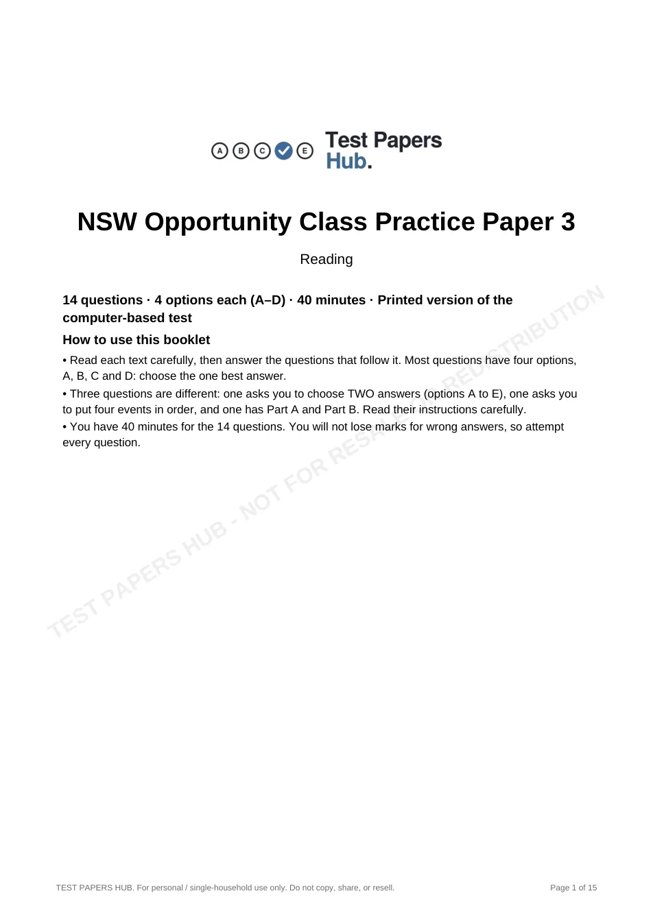 Cover page of NSW OC Reading Practice Paper 3