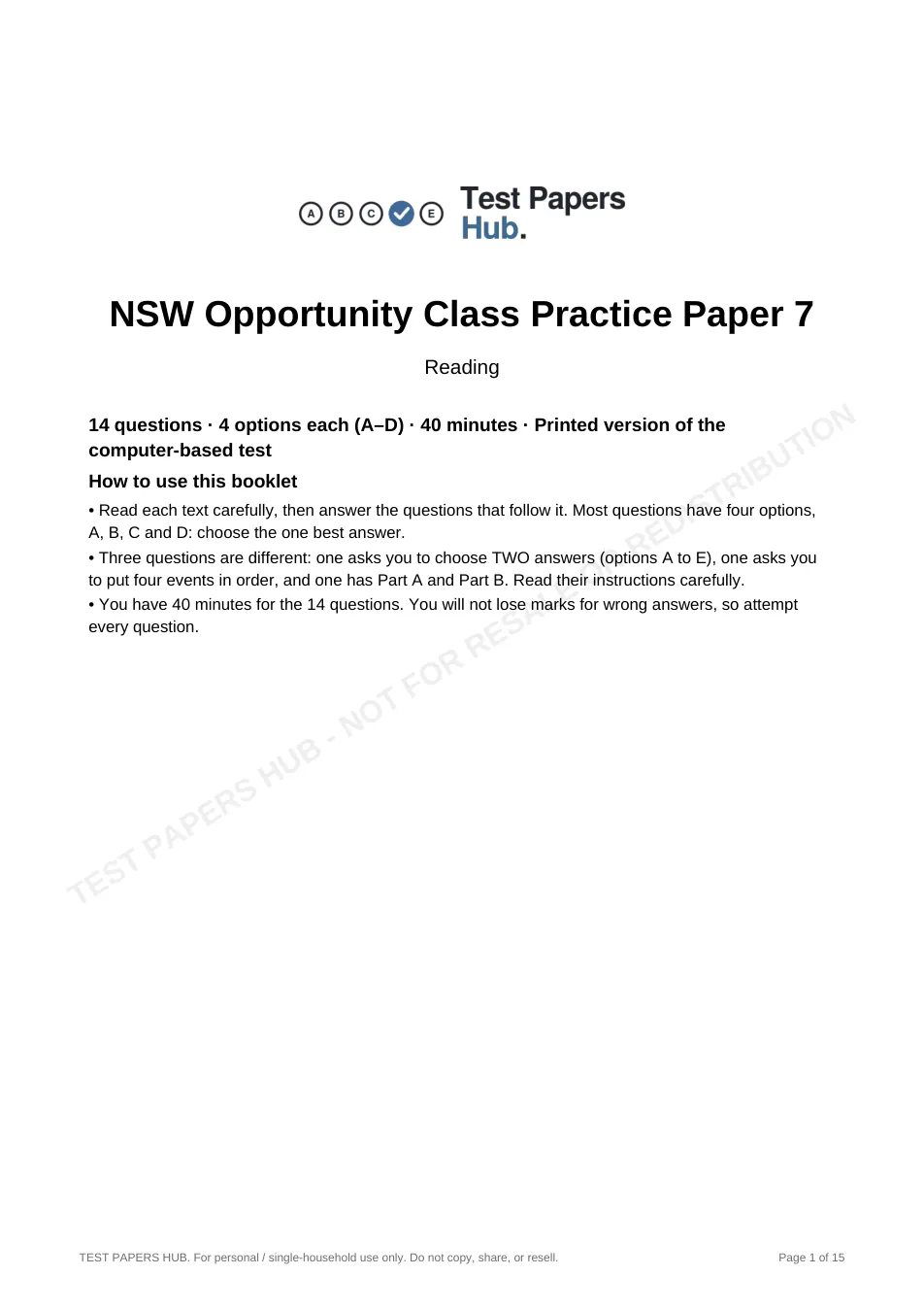 Cover page of NSW OC Reading Practice Paper 7