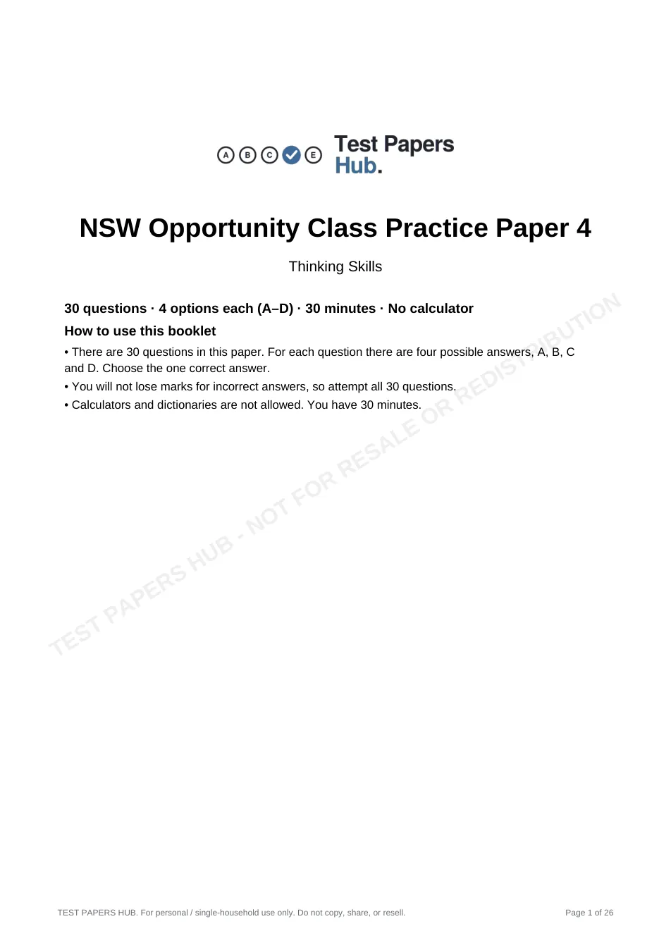 Cover page of NSW OC Thinking Skills Practice Paper 4
