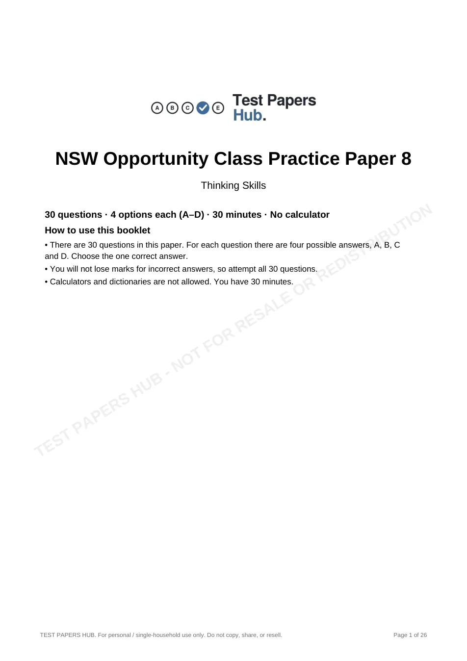 Cover page of NSW OC Thinking Skills Practice Paper 8