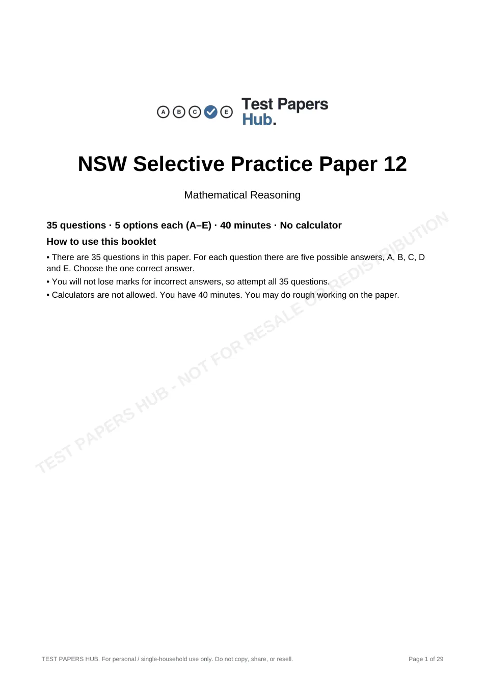 Cover page of NSW Selective Mathematical Reasoning Practice Paper 12