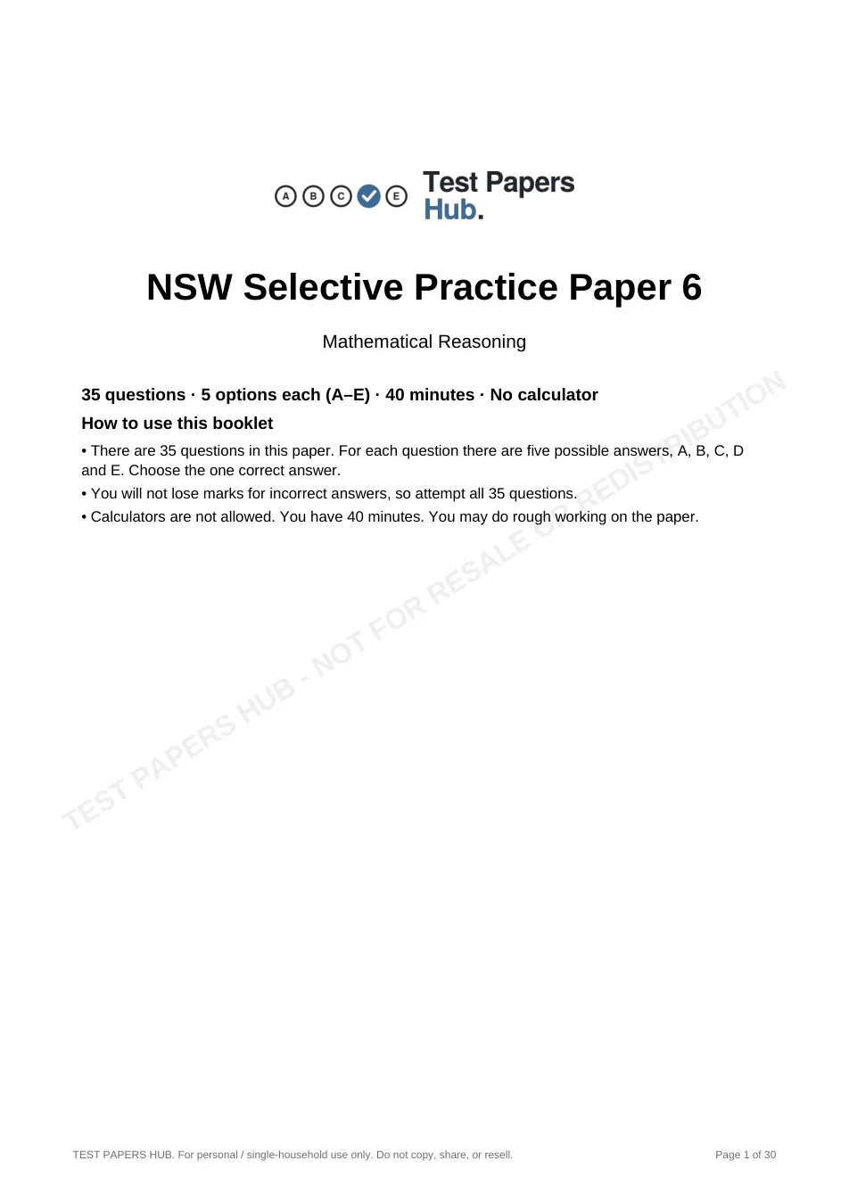 Cover page of NSW Selective Mathematical Reasoning Practice Paper 6