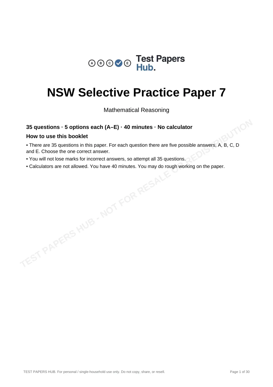 Cover page of NSW Selective Mathematical Reasoning Practice Paper 7