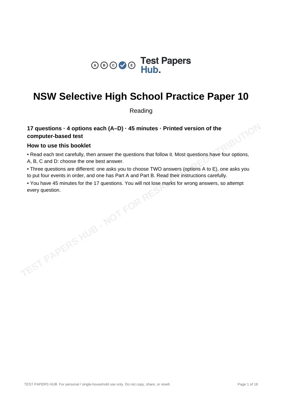 Cover page of NSW Selective Reading Comprehension Practice Paper 10