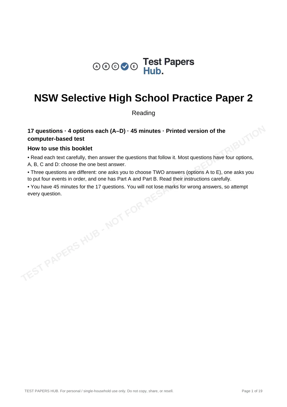 Cover page of NSW Selective Reading Comprehension Practice Paper 2