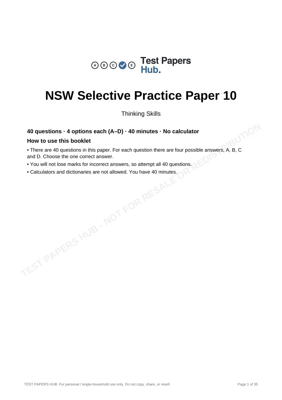 Cover page of NSW Selective Thinking Skills Practice Paper 10