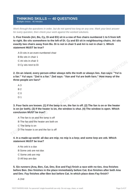 A question page from a Test Papers Hub practice paper