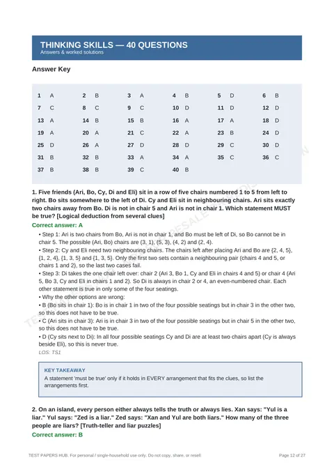 A worked solution page showing steps, why other options are wrong, and a key takeaway