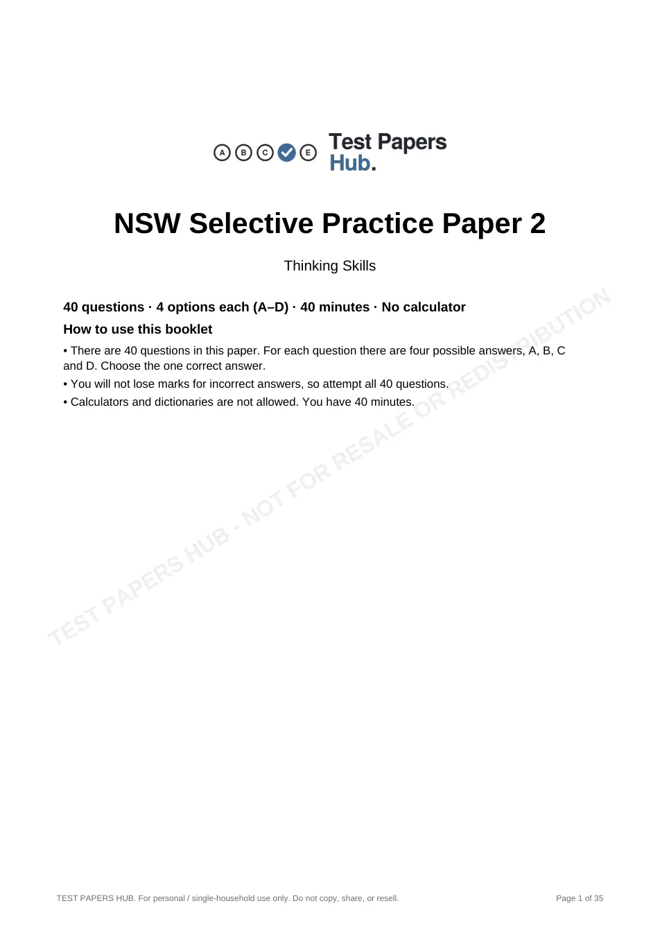 Cover page of NSW Selective Thinking Skills Practice Paper 2