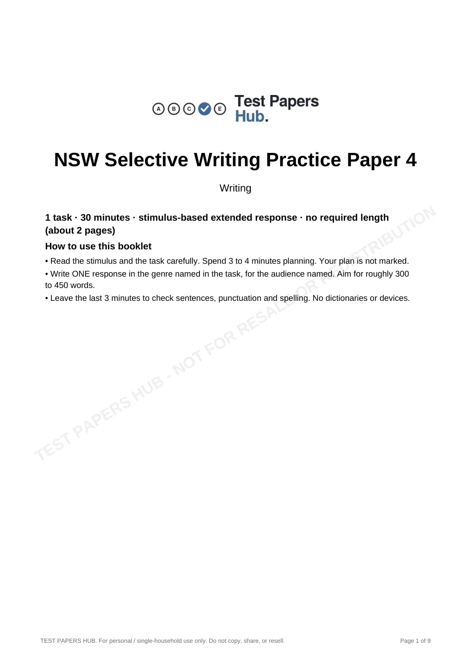 Cover page of NSW Selective Writing Practice Paper 4