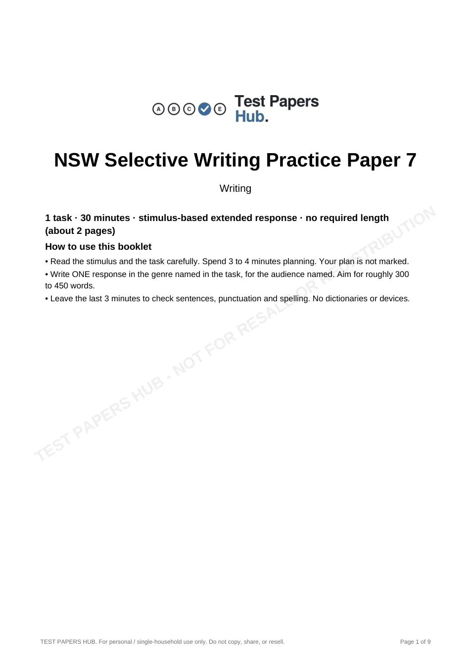 Cover page of NSW Selective Writing Practice Paper 7