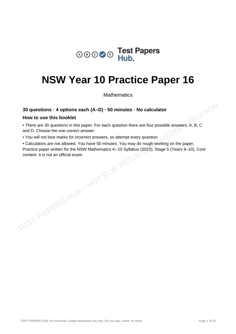 Cover page of NSW Year 10 Maths Practice Paper 16