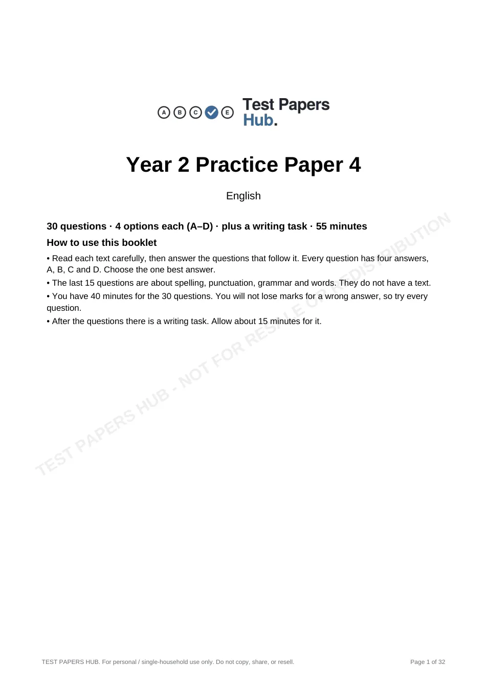 Cover page of NSW Year 2 English Practice Paper 4