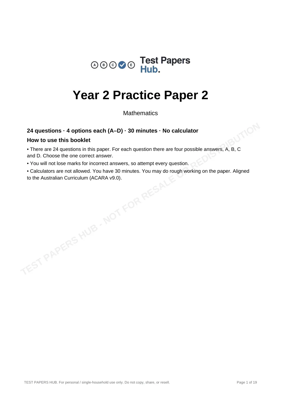 Cover page of NSW Year 2 Maths Practice Paper 2