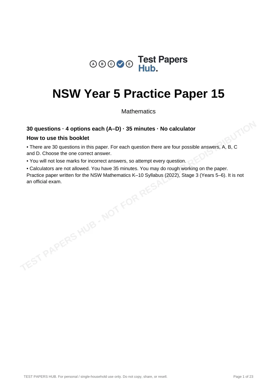 Cover page of NSW Year 5 Maths Practice Paper 15