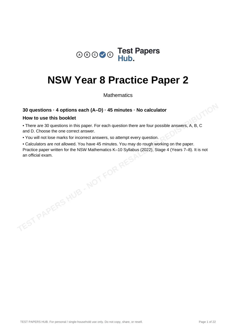 Cover page of NSW Year 8 Maths Practice Paper 2