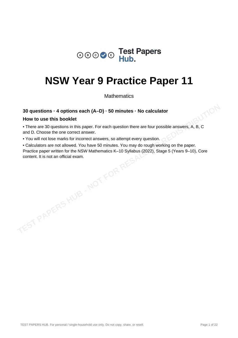 Cover page of NSW Year 9 Maths Practice Paper 11