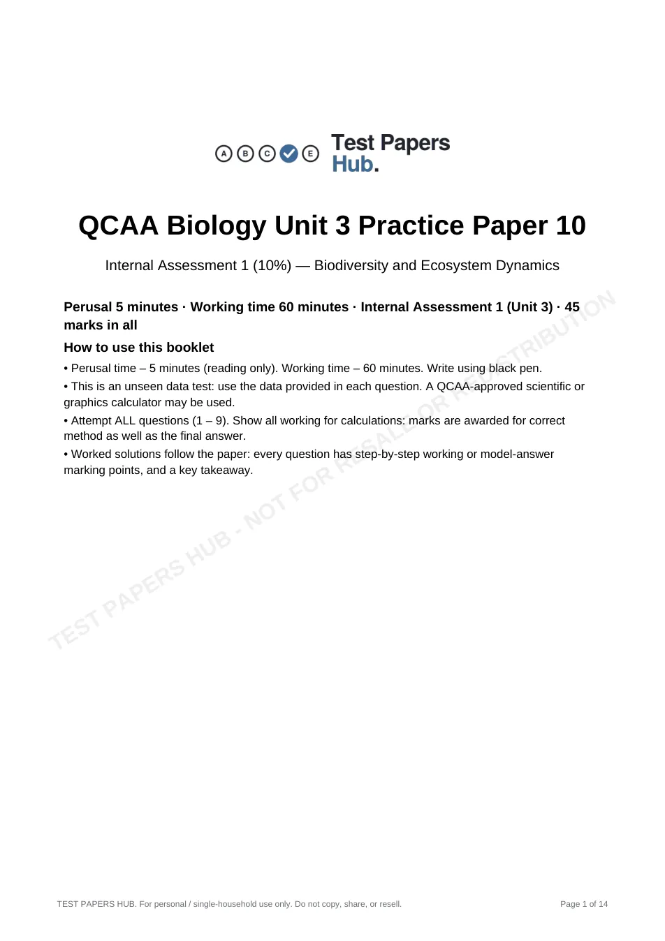 Cover page of QCE Biology IA1 Practice Paper 10