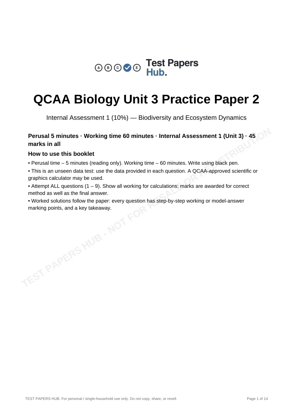 Cover page of QCE Biology IA1 Practice Paper 2