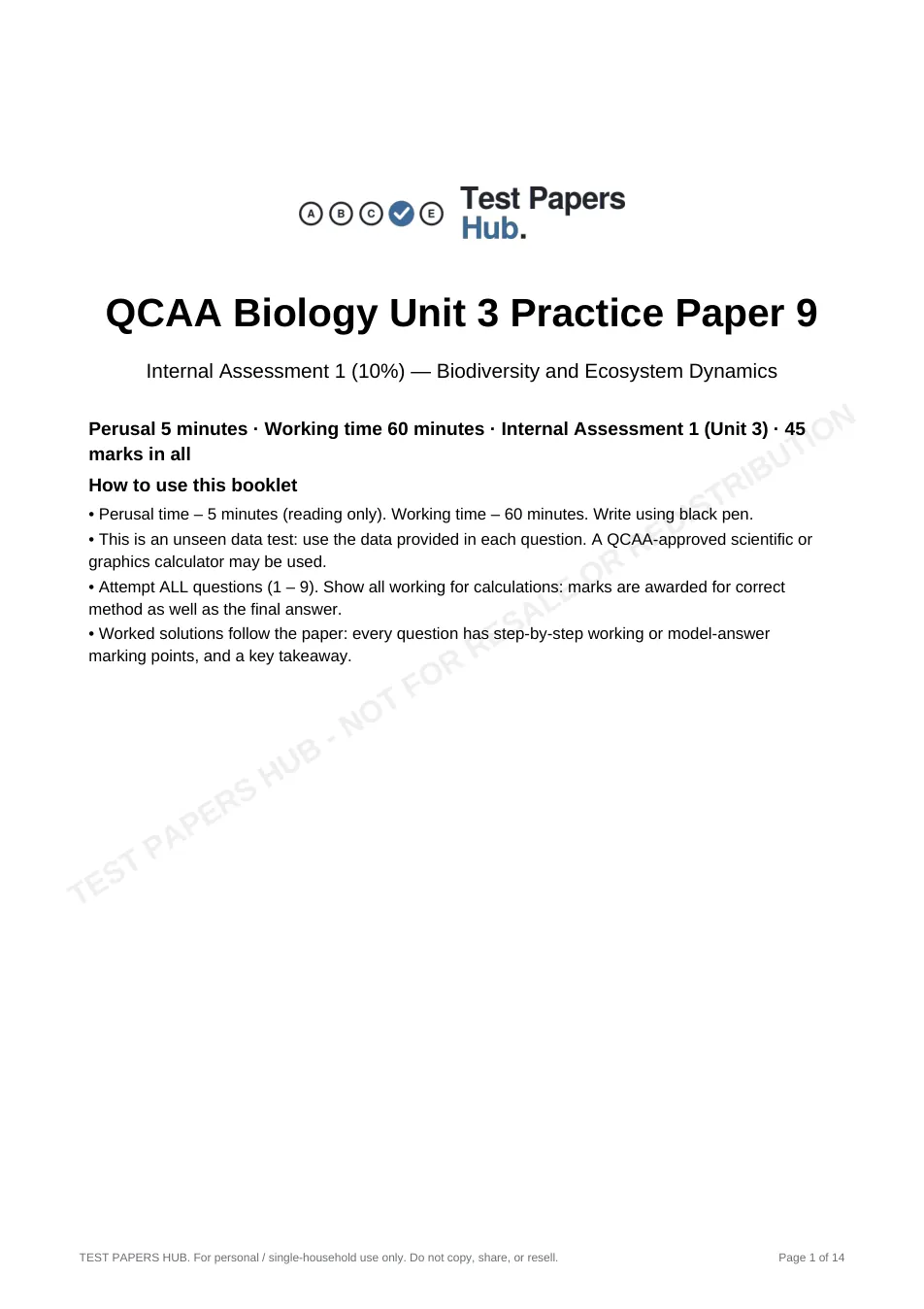 Cover page of QCE Biology IA1 Practice Paper 9