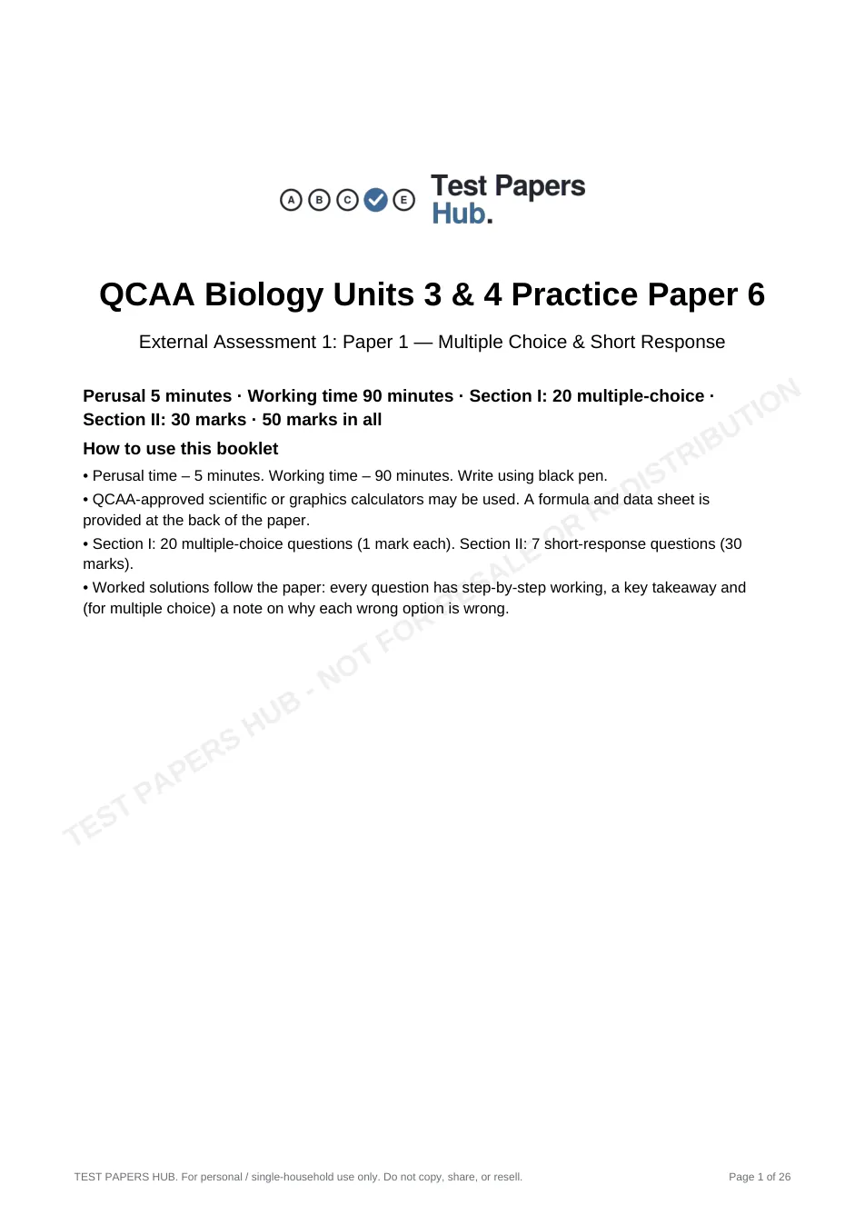 Cover page of QCE Biology Paper 1 Practice Paper 6