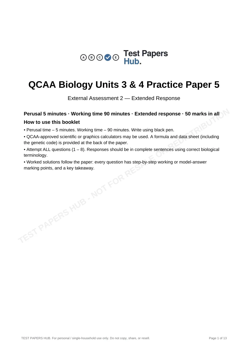 Cover page of QCE Biology Paper 2 Practice Paper 5