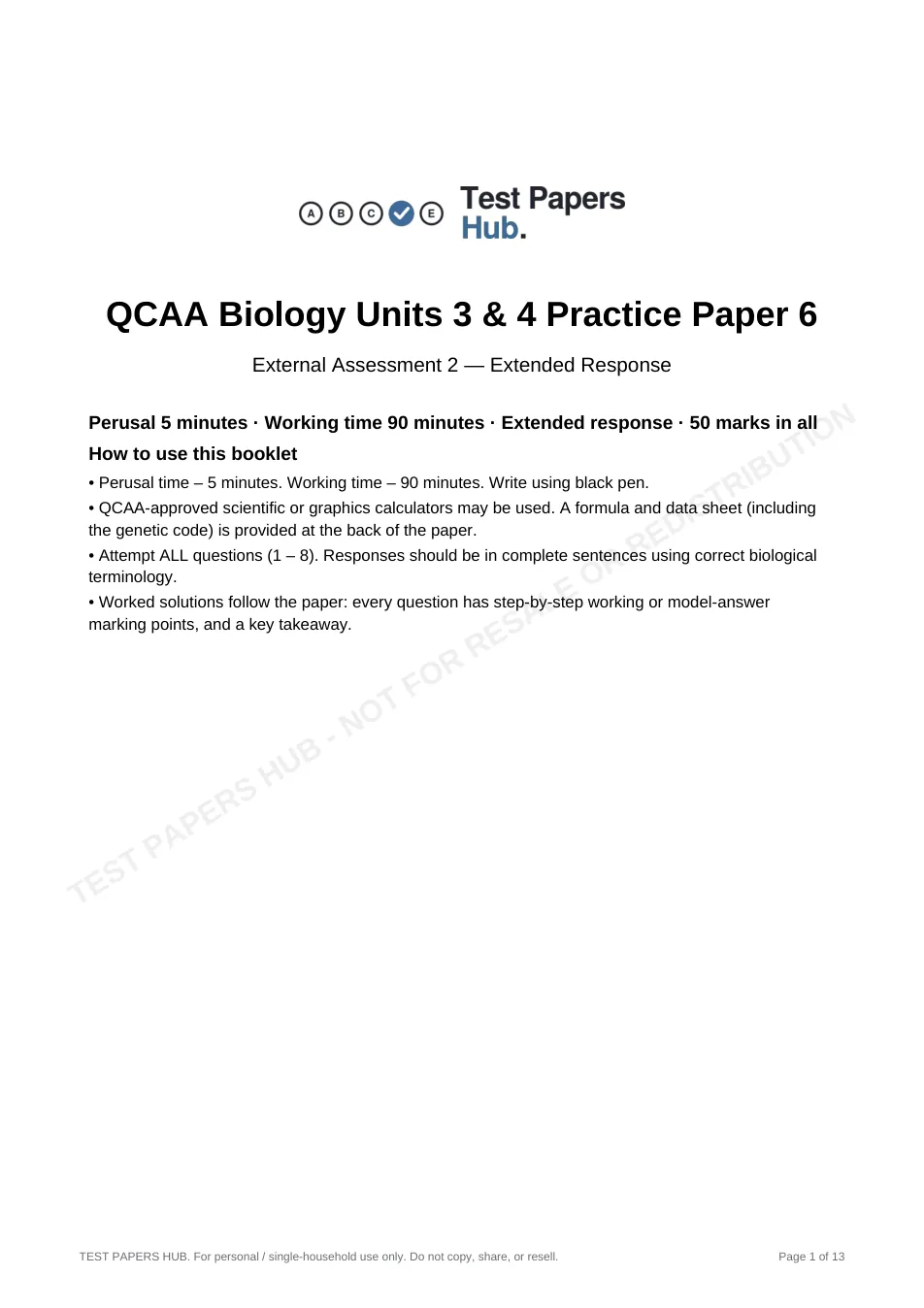 Cover page of QCE Biology Paper 2 Practice Paper 6