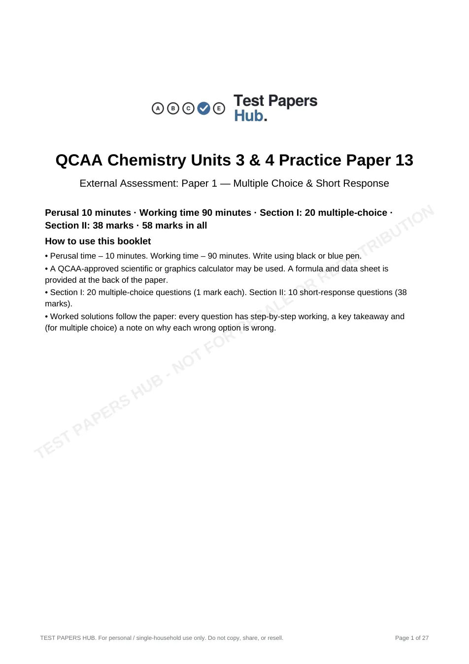 Cover page of QCE Chemistry Paper 1 Practice Paper 13