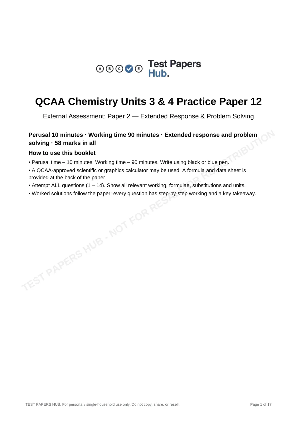 Cover page of QCE Chemistry Paper 2 Practice Paper 12